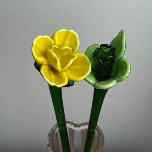 2 Murano Blown Glass 12” Flowers Yellow Green Vintage Decor - Picture 11 of 16